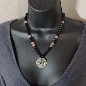Black And Pink Heavy Beaded Energy Necklace 19 Inches Long